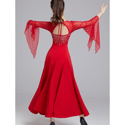 Black red ballroom dancing dresses  long flare sleeves for women girls v neck sparkle waltz tango foxtrot smooth dance long dress for woman